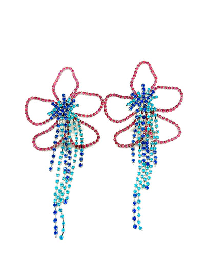 Women Blue Rhinestone Tassel Flower Drop Earring