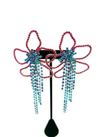 Women Blue Rhinestone Tassel Flower Drop Earring