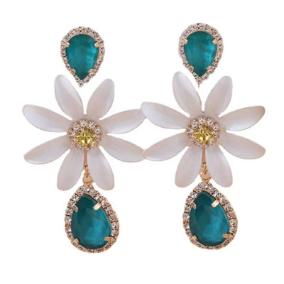 Women Blue Stone White Flower Drop Earring