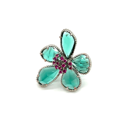 Blossom Green Silver Plated Crystal Stone Flower Ring