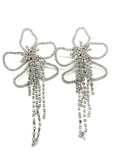 Women Rhinestone Silver Tassel Flower Drop Earring