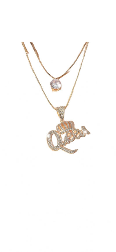 Crystal Stone Queen Pendant Gold Plated Layered Necklace