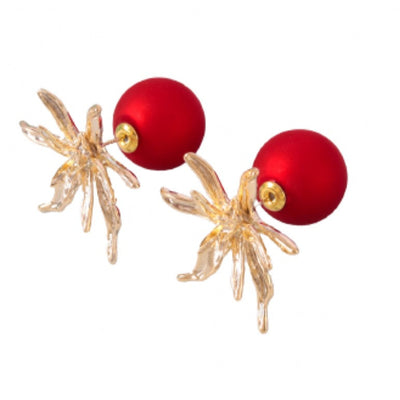 Women Red Flower Pearl Stud Earring