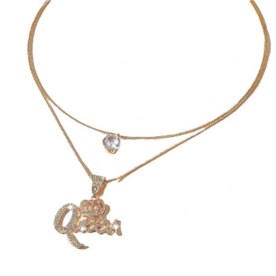 Crystal Stone Queen Pendant Gold Plated Layered Necklace